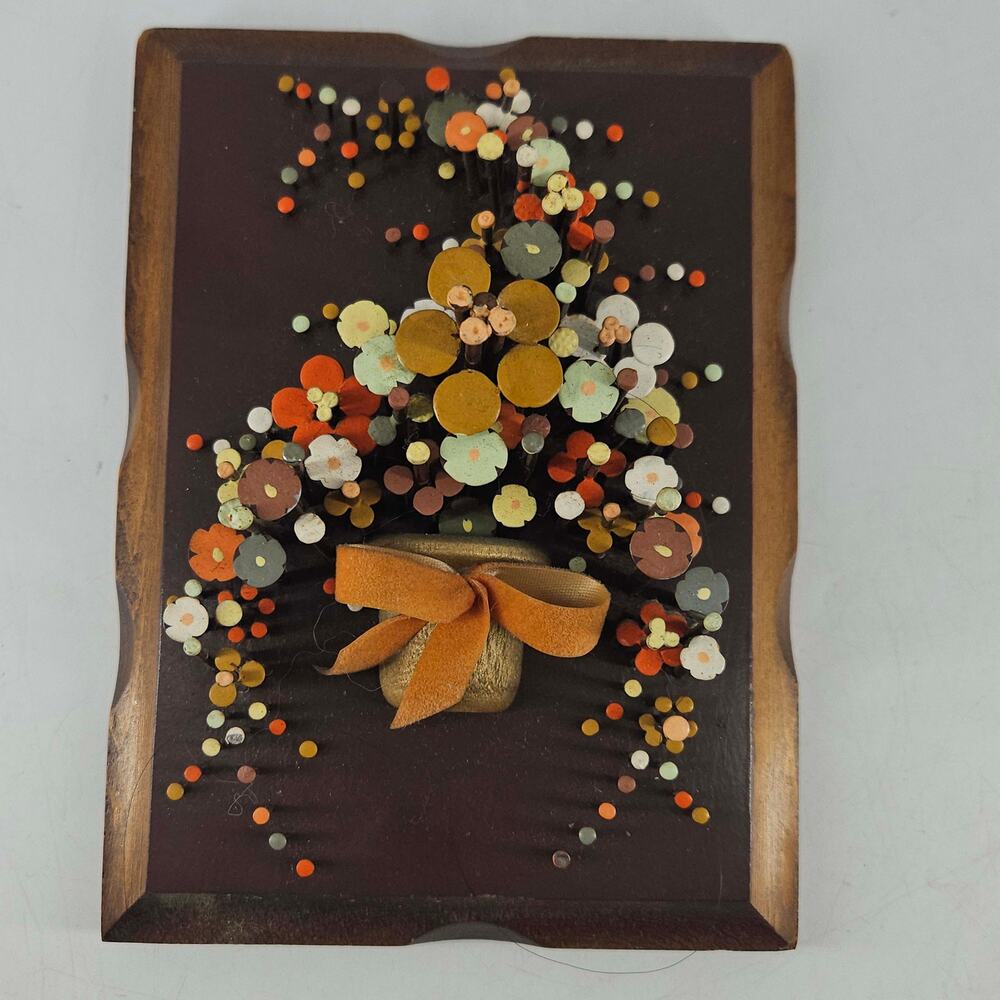 Vintage 3D nail art floral wall on wood plaque Pauline Owens 1977